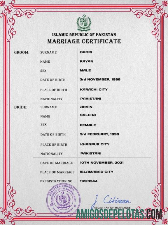 Em branco modelo PSD de certidão de casamento no Paquistão